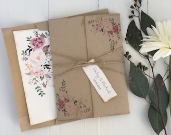 Floral Wedding Invitation. Rustic Wedding Invitation. Boho Wedding Invitation. Bohemian Wedding. Vintage. Country Wedding, Pink, Wat