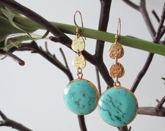 Turquoise earrings, round turquoise earrings, turquoise drop earrings, turquoise dangle earrings, turquoise earrings gold