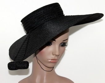 Vintage 1940s Hat // 40s Black Hat // Large Brim// Designer Saks Fifth Avenue // Tassels// 40s Wide Brim Hat