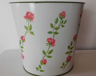 vintage J V Reed and Co metal waste basket garbage can oval Pink Roses