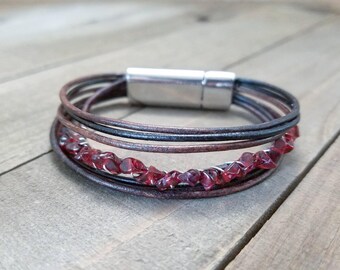 Garnet stone bracelet - garnet bracelet - garnet jewelry - leather Garnet bracelet - garnet birthstone - leather bracelet - garnet stone
