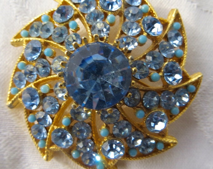 Vintage BSK Rhinestone Brooch, Seed Turquoise Accents, Atomic Pin, Baby Blue, Designer Signed