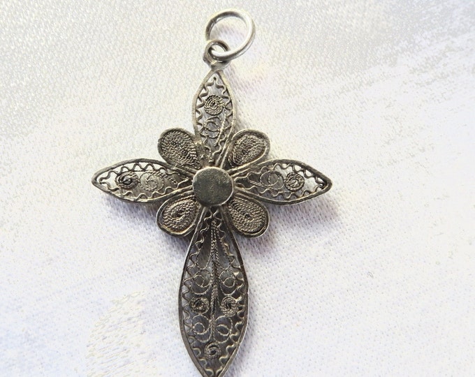 Sterling Filigree Cross Pendant, Sterling Silver Filigree Cross, Wire Work Cross Pendant