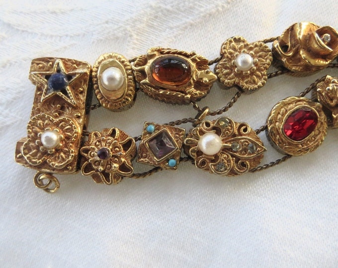 Victorian Revival Gold Tone Slide Charm Bracelet, Double Strand,Fleur de Lis, Cameo, Coral Pansy, Bugs, Carnelian and Turquoise Charms