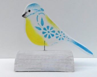 Fused Glass Bird Blue Tit On Wood
