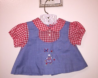 VTG Baby Girl Dress Top Red Gingham Dutch Girl Sz 0-3M