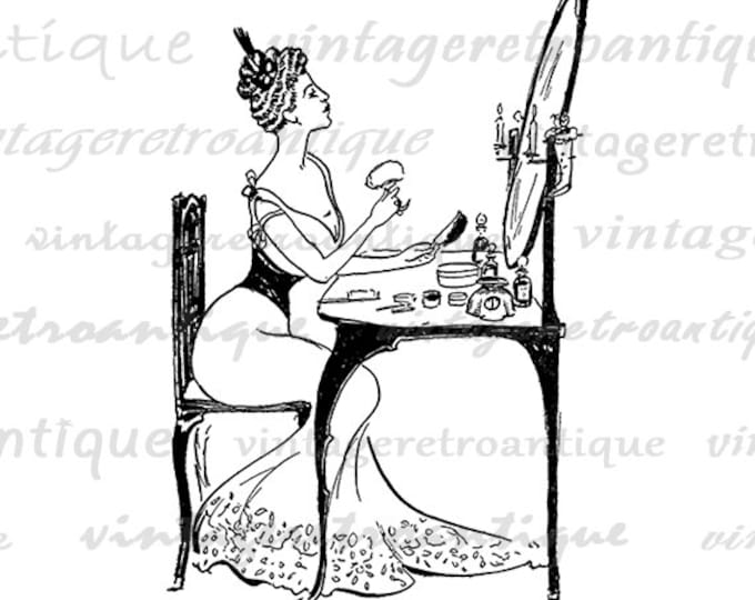 Digital Graphic Girl at Makeup Vanity Download Printable Illustration Image Vintage Clip Art Jpg Png Eps HQ 300dpi No.1925