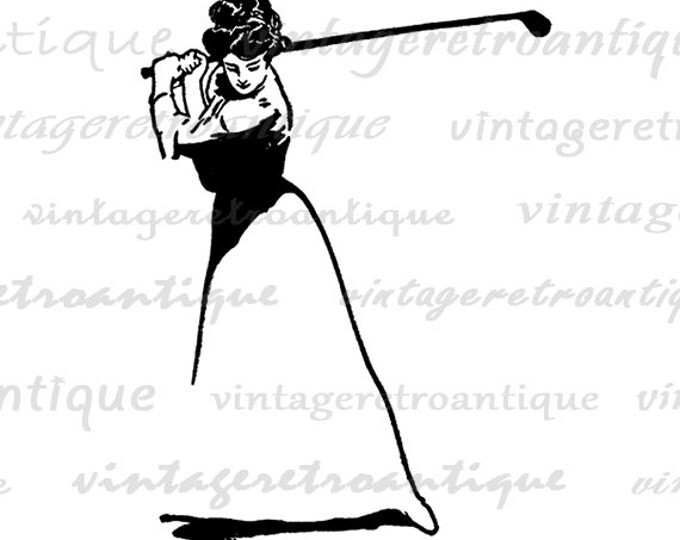 Golfer Lady Digital Printable Download Golf Image Illustration Graphic Antique Clip Art Jpg Png Eps HQ 300dpi No.3825