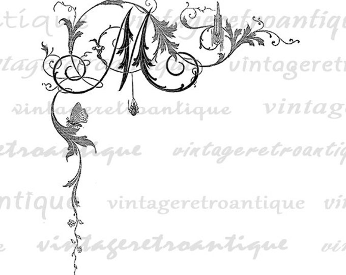 Digital Printable Letter M Download Elegant Floral Ornament Graphic Image Jpg Png Eps HQ 300dpi No.700