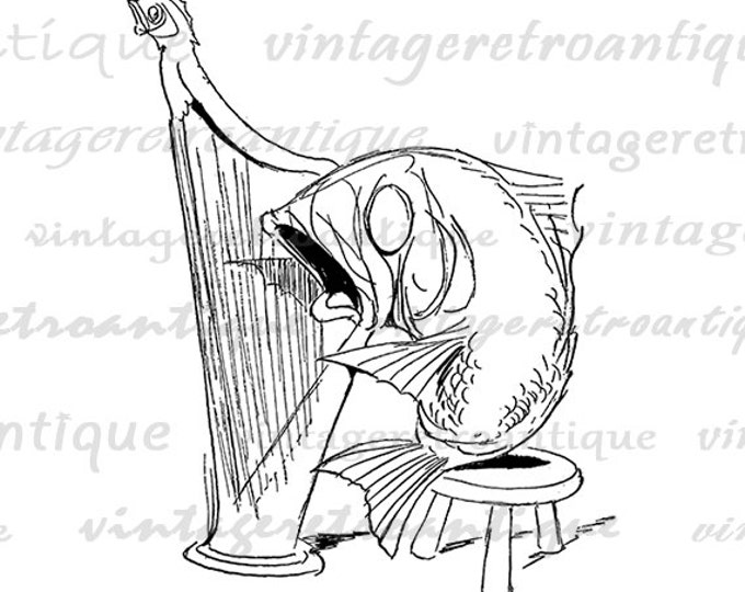 Carp Playing Harp Printable Digital Download Fish Music Graphic Image Antique Clip Art Jpg Png Eps HQ 300dpi No.1797