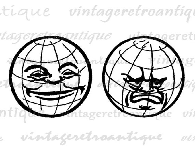 Printable Happy and Angry Earth Face Globe Planet World Image Graphic Download Digital Antique Clip Art Jpg Png Eps HQ 300dpi No.1943