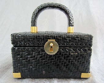1950s - 60s Koret of California Black Basketweave Box Bag with Keyhole Clasp
