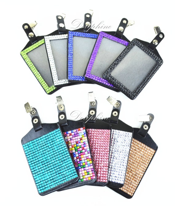 Multi-Colors Full Bling Rhinestone Vertical PU Leather ID Badge Holder with Lobster Claw