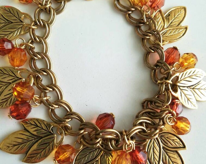 Orange and Red Beaded Gold Leaf Double Chain Fall Bracelet