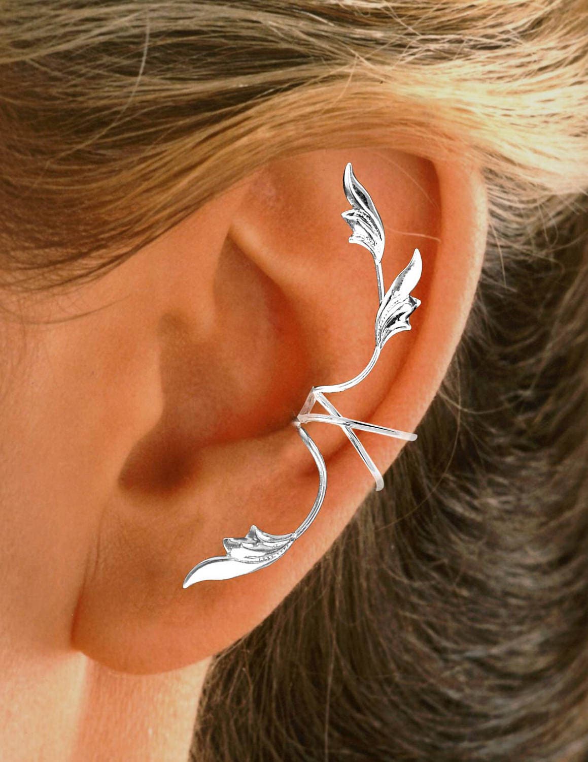 Full Ear 3 Leaf NonPierced Ear Cuff in Sterling Silver or