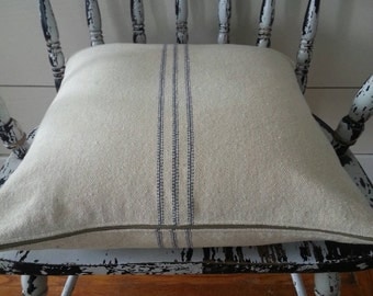 Pillow Cover/Cream Grain Sack Fabric/Blue Stripe/Zipper Closure