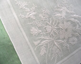 White on white embroidered handkerchief / vintage linen hankie / wedding hankie
