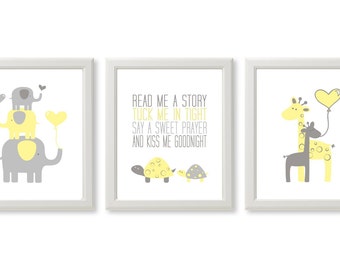 Set of 3 signs, Read me a story, Tuck Me in Tight Print, Neutral Nursery Poster, Yellow Elephant Giraffe Turtle Nursery Decor, DIGITAL FILES