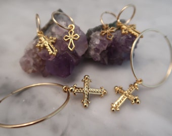 CROSS HOOPS, Ball Cross, Luna Cross, Bones Cross, gold hoop earrings, mini hoops, cross earrings hoop earrings, dangle earrings