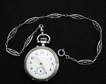 Antique French silver ( marked ) pocket watch montre gousset with silver ( marked ) pocket watch chain. ( 2 )