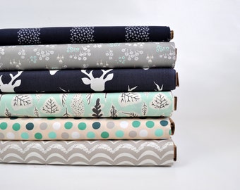 Navy Blue, Gray and Aqua Fabric Bundle from Art Gallery. Deer Buck with grey and aqua. 100% cotton. Select Your Length