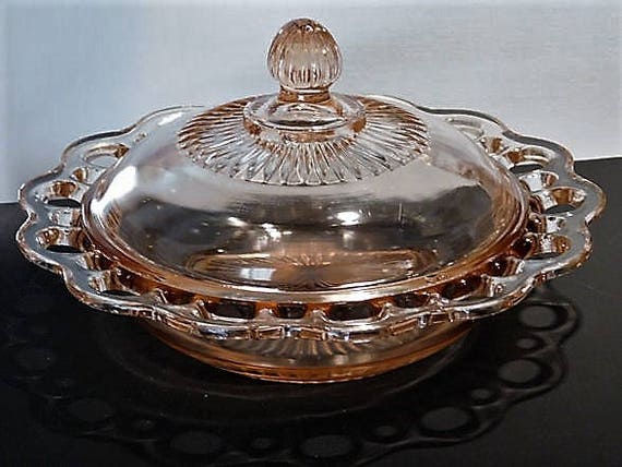 RARE Pink Depression Glass 1930s Round Butter Dish with Lid Old Colony Lace Edge Vintage Kitchen Decor Cottage Home Wedding Table Decoration