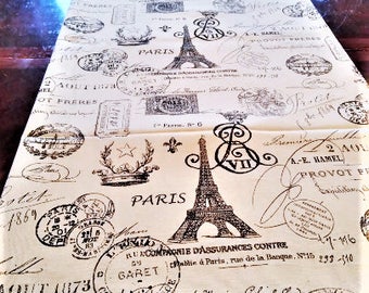 Table Runner, Black Script Table Linen, French Eiffel Tower, Table Cloth/Scarf, French, Banquet, 16''x 84'' Buffet Runner, Dresser Scarf