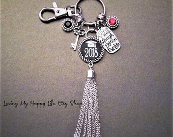 Live Well Laugh Often Love Life, GRADUATION KEYCHAIN, Cap, Year, Crystal, Pendants, SCHOOL Colors Lobster Clasp Key Ring Silver Chain Tassel