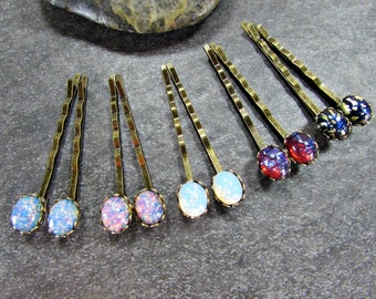 Fire Opal Hair Pins with Oxidized Brass Bobby Pins (Set of 2) - Hair Accessories - Gift for Friend Sister Her