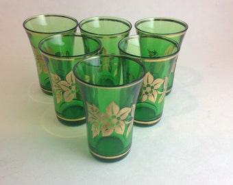 Set of 6 Emerald Green Aperitif Shot Glasses Gold Band Gold Floral 1950 Irish Shot Glasses Retro Barware Vintage Shot Glasses Diner Party