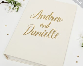 Ivory Wedding Guest Book Gold Glitter Lettering, Photo Guestbook Album - with empty pages
