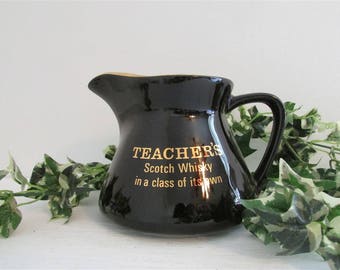 Vintage Barware, Teachers Scotch Mug, Advertising Water Pitcher, Black Beer Stein, Fun Drinking Jug, Teachers Gift, Barware Gift. Man Cave