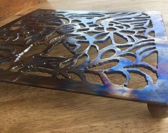 Hand-cut Steel Trivet with fire patina