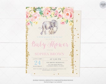 Rosey Floral Elephant Baby Shower Invitation Card - DIY Printable Party - Baby Peanut Baby Shower - Watercolor Flowers, Gold Glitter