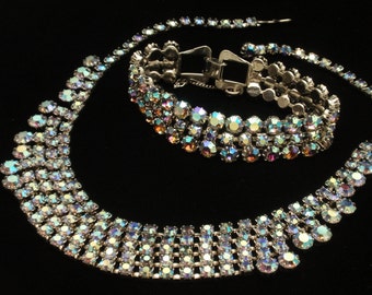 Necklace Bracelet Set Vintage AB Aurora Borealis Rhinestones