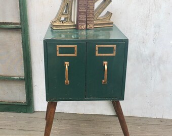 Vintage Industrial End Table, Night Stand, Industrial Style Table Made From a Green Two Drawer File Box