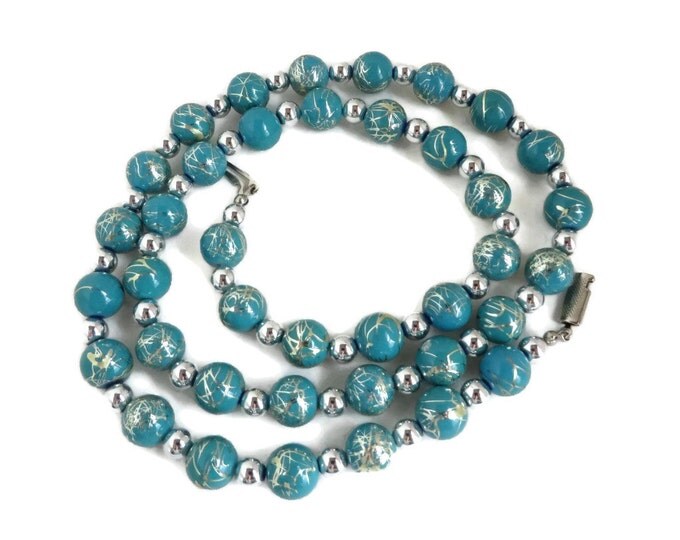 Teal Green Silver Tone Etched Bead Necklace, FREE SHIPPING