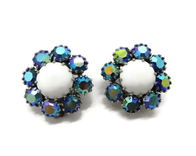 Weiss Milk Glass Earrings, Vintage AB Rhinestone Flower Clip-on Earrings