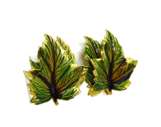 Weiss Leaf Earrings, Vintage Green Leaf, Signed Weiss Jewelry Gold Tone Clip-on Earrings