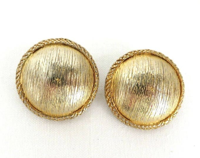 Hattie Carnegie Button Earrings Vintage Gold Tone Textured Clip-ons, Round Braided Signed Designer Earrings
