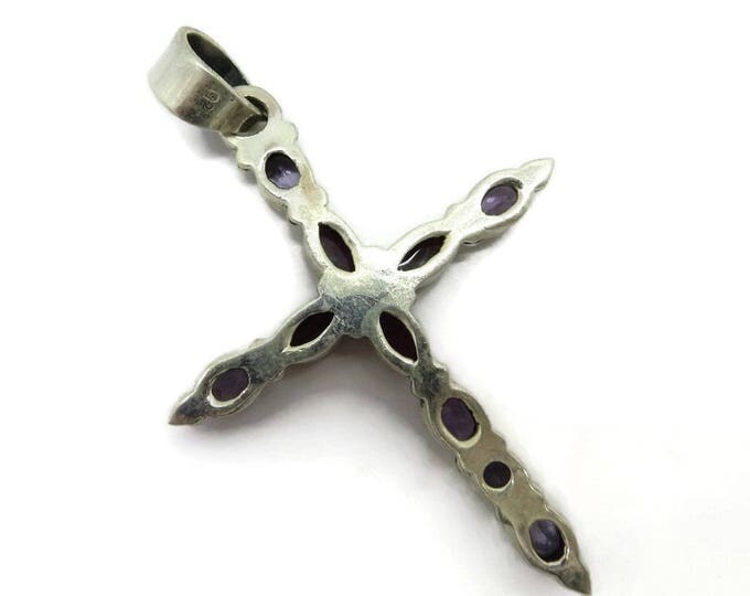 Sterling Silver Gemstone Cross Pendant, Vintage Amethyst, Garnet Pendant Necklace Gift Idea