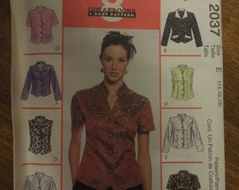 McCalls 2037, sizes 14-18, shirts, tops, blouses, UNCUT sewing pattern, craft supplies