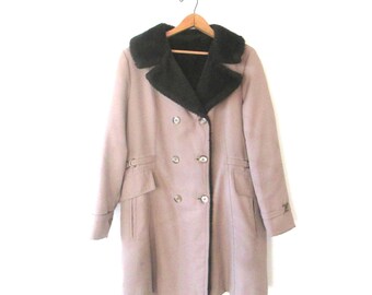 Wms Vintage 1960s Shearling Khaki Double Breasted Peacoat Sz 12