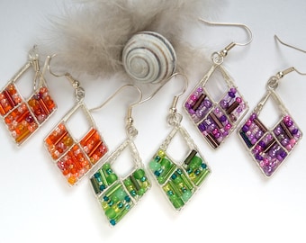 green seed bead earrings,orange wire jewelry,purple trendy earrings,delicate jewelry,summer jewelry,geometric jewelry,rhombus earrings
