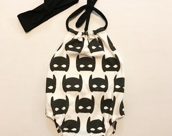 Sunsuit and top knot headband set/Baby sunsuit/headband/puppy romper/backless sunsuit/organic clothes/batman romper/batman outfit/superhero