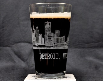 PAIR! of Downtown Detroit Michigan Skyline Full-Surround Pint Glasses (Custom Available) Made in USA!