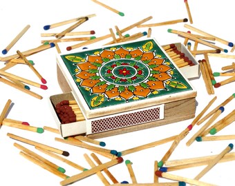 Ceramic Match Striker, Ceramic Match Holder, Vintage Mandala Matchbox, Mandala Match Holder, Vintage Matches, Wooden Matchbox, Match Safe