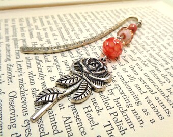 SALE! Silver Rose Bookmark, Flower Bookmark, Metal Bookmark, Orange and Amber Bookmark, Beaded Bookmark, Student Gift, Teachers Gift,For Her
