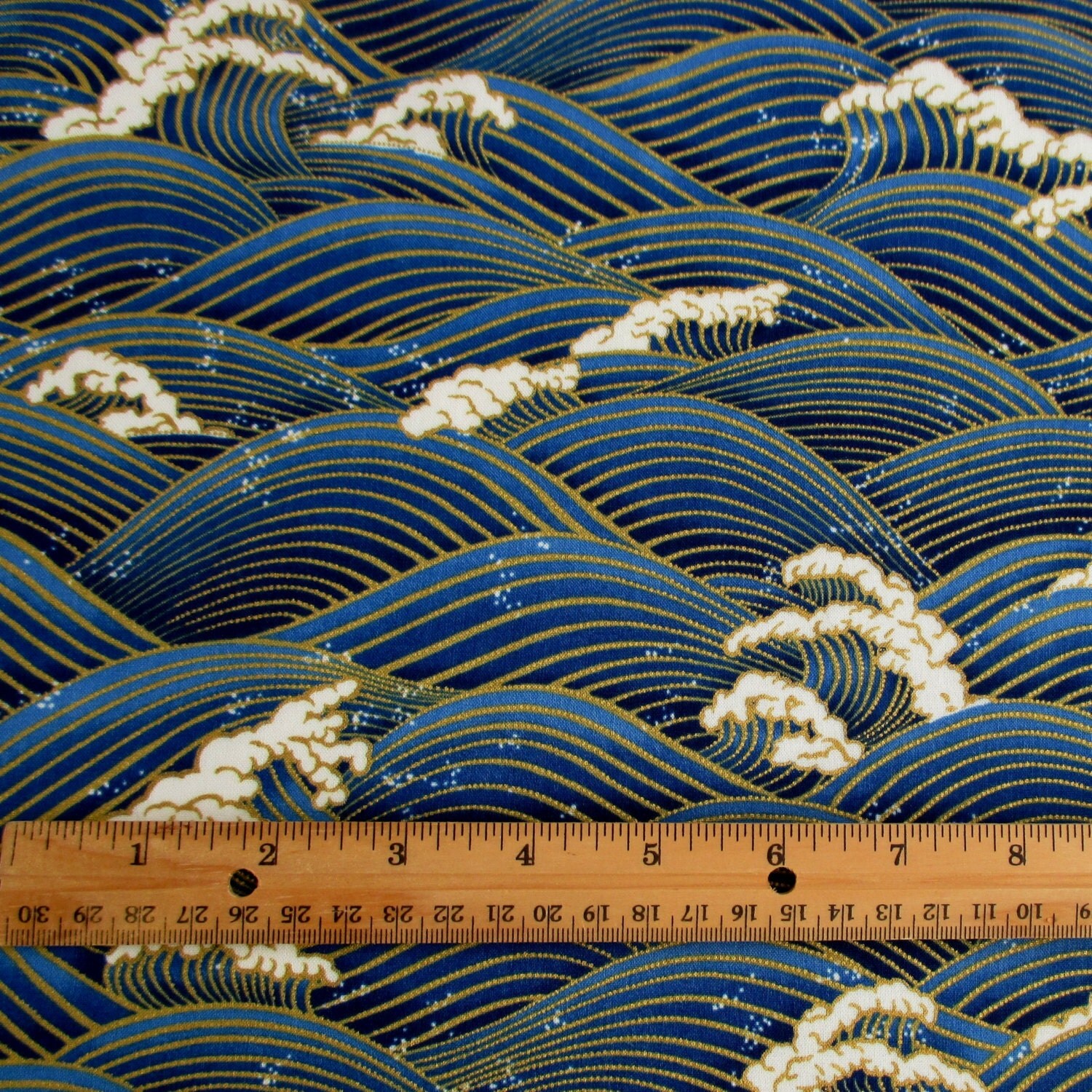 Fabric, Ocean Waves in Blue and Gold, Japanese Tsunami Sea, Hoffman