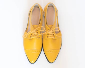 Yellow pointy flats, Platform oxford shoes, Womens shoes, Yellow shoes, Leather shoes, Summer tie shoes, Platform shoes, Cut out shoes